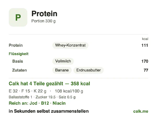 Calk-Karte für die kalorienreichere Variante von Proteinshake: 108 kcal pro 100 g, Eiweiß/Fett/Kohlenhydrate 37/39/24