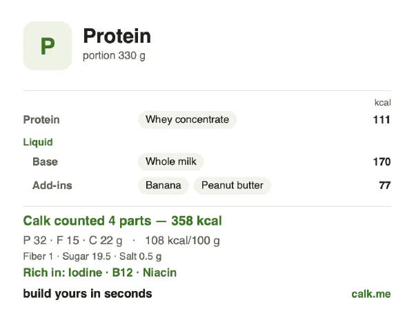 Higher calorie Calk card for Protein: 108 kcal per 100 g, protein/fat/carbs 37/39/24