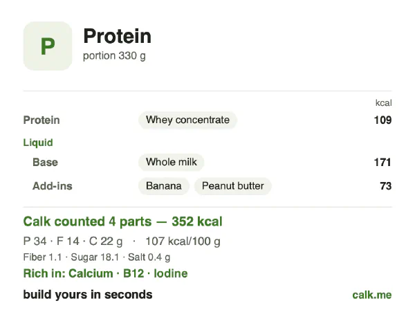 Higher calorie Calk card for Protein: 107 kcal per 100 g, protein/fat/carbs 38/37/25