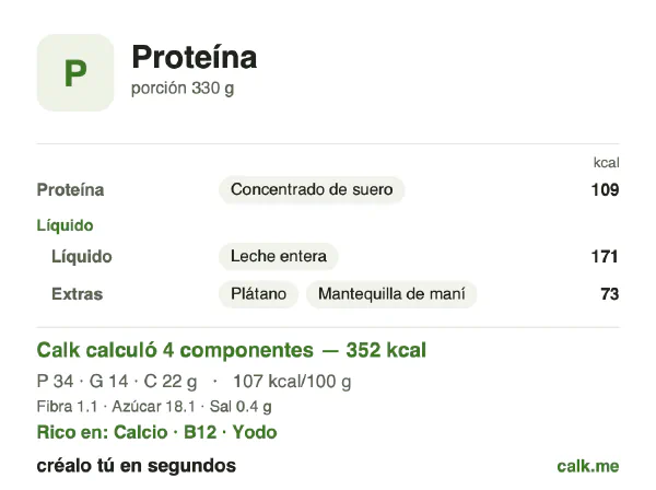 Tarjeta de Calk, versión más calórica de Batido de proteína: 107 kcal por 100 g, proteínas/grasas/carbohidratos 38/37/25