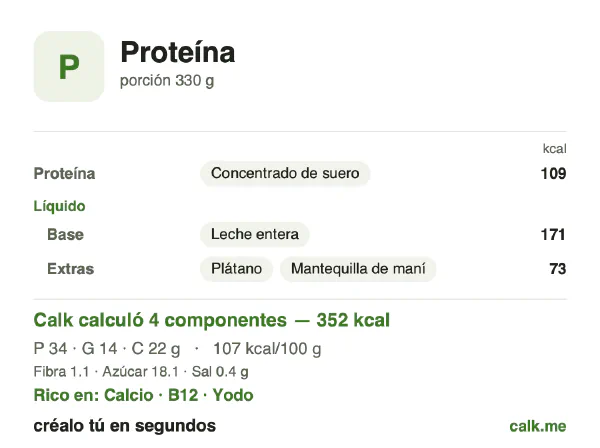 Tarjeta de Calk, versión más calórica de Batido de proteína: 107 kcal por 100 g, proteínas/grasas/carbohidratos 38/37/25