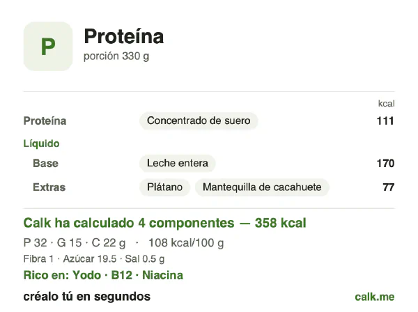 Ficha de Calk, versión más calórica de Batido de proteína: 108 kcal por 100 g, proteínas/grasas/hidratos 37/39/24