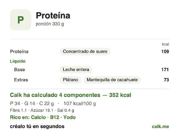 Ficha de Calk, versión más calórica de Batido de proteína: 107 kcal por 100 g, proteínas/grasas/hidratos 38/37/25