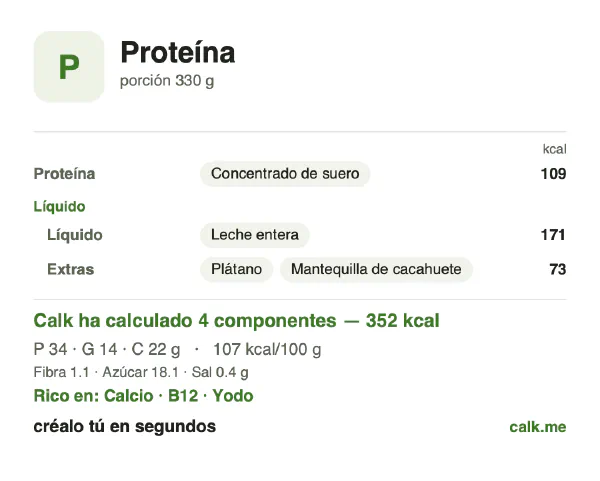 Ficha de Calk, versión más calórica de Batido de proteína: 107 kcal por 100 g, proteínas/grasas/hidratos 38/37/25