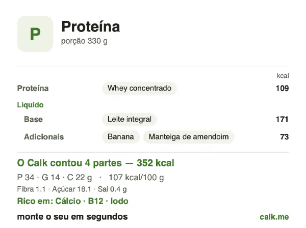 Cartão do Calk para a versão mais calórica de Shake proteico: 107 kcal por 100 g, proteína/gordura/carboidratos 38/37/25