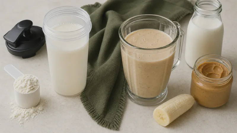 Protein shake: lower- and higher-calorie Calk versions side by side