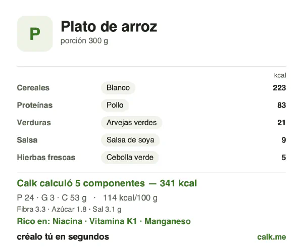Tarjeta de Calk, versión menos calórica de Plato de arroz: 114 kcal por 100 g, proteínas/grasas/carbohidratos 29/8/64