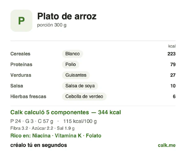 Tarjeta de Calk, versión menos calórica de Plato de arroz: 115 kcal por 100 g, proteínas/grasas/carbohidratos 28/7/65