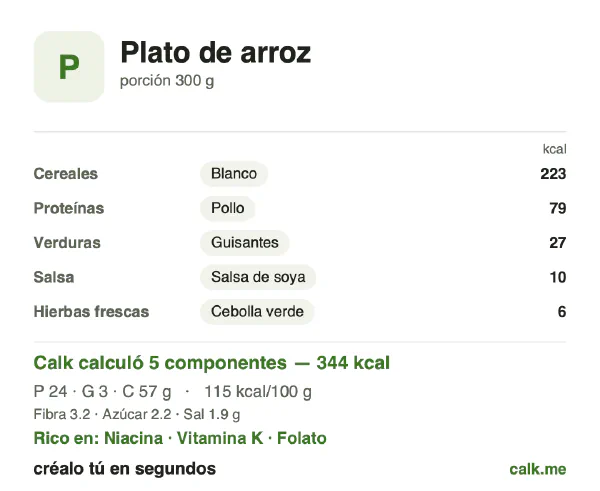 Tarjeta de Calk, versión menos calórica de Plato de arroz: 115 kcal por 100 g, proteínas/grasas/carbohidratos 28/7/65