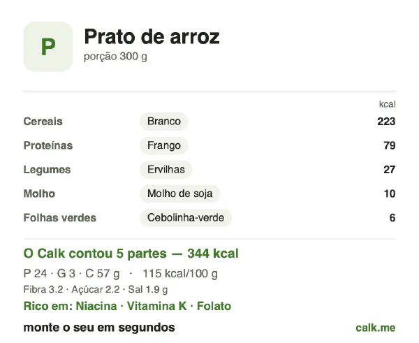 Cartão do Calk para a versão menos calórica de Prato de arroz: 115 kcal por 100 g, proteína/gordura/carboidratos 28/7/65