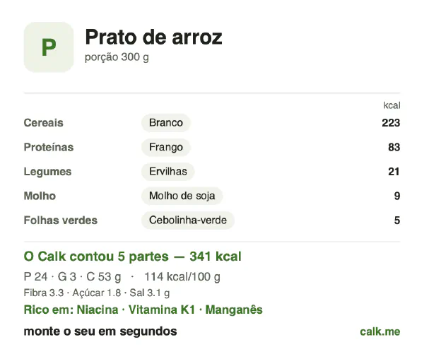 Cartão do Calk para a versão menos calórica de Prato de arroz: 114 kcal por 100 g, proteína/gordura/carboidratos 29/8/64