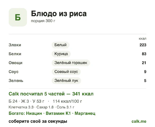 Карточка «Блюдо из риса» в Calk — менее калорийный вариант: 114 ккал на 100 г, белки/жиры/углеводы 29/8/64