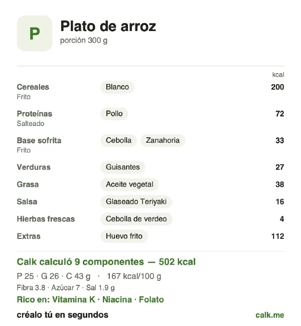Tarjeta de Calk, versión más calórica de Plato de arroz: 167 kcal por 100 g, proteínas/grasas/carbohidratos 20/46/34