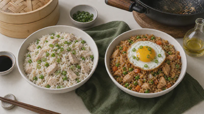 Chicken rice bowl: lower- and higher-calorie Calk versions side by side