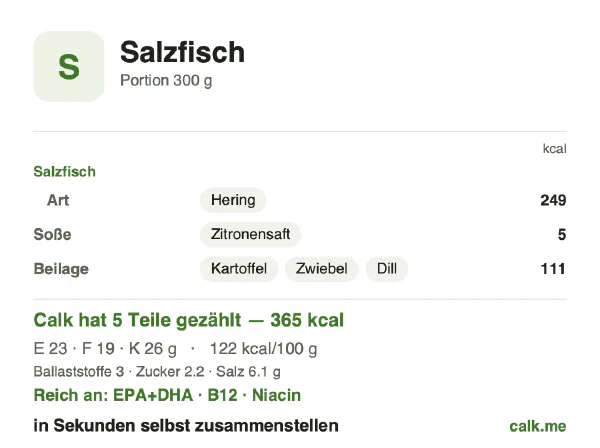 Calk-Karte für die kalorienärmere Variante von Salzfisch: 122 kcal pro 100 g, Eiweiß/Fett/Kohlenhydrate 25/47/28