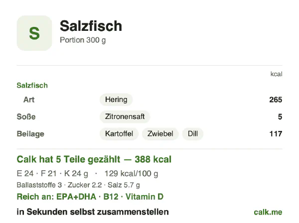 Calk-Karte für die kalorienärmere Variante von Salzfisch: 129 kcal pro 100 g, Eiweiß/Fett/Kohlenhydrate 25/49/26