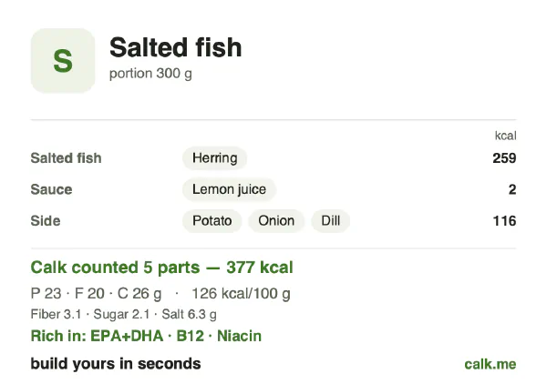 Lower calorie Calk card for Salted fish: 126 kcal per 100 g, protein/fat/carbs 25/48/27