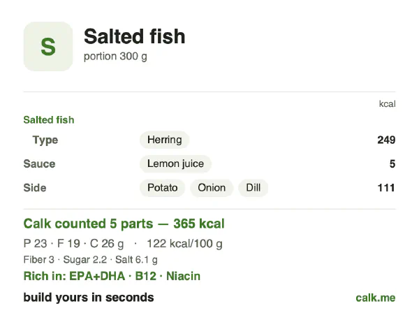 Lower calorie Calk card for Salted fish: 122 kcal per 100 g, protein/fat/carbs 25/47/28