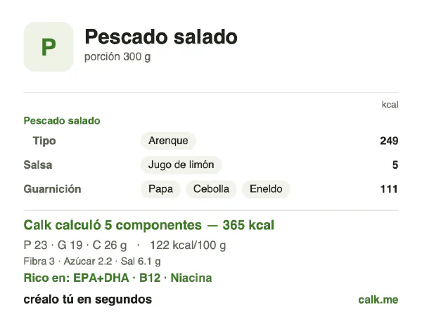 Tarjeta de Calk, versión menos calórica de Pescado salado: 122 kcal por 100 g, proteínas/grasas/carbohidratos 25/47/28