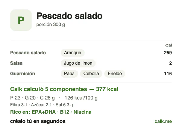 Tarjeta de Calk, versión menos calórica de Pescado salado: 126 kcal por 100 g, proteínas/grasas/carbohidratos 25/48/27