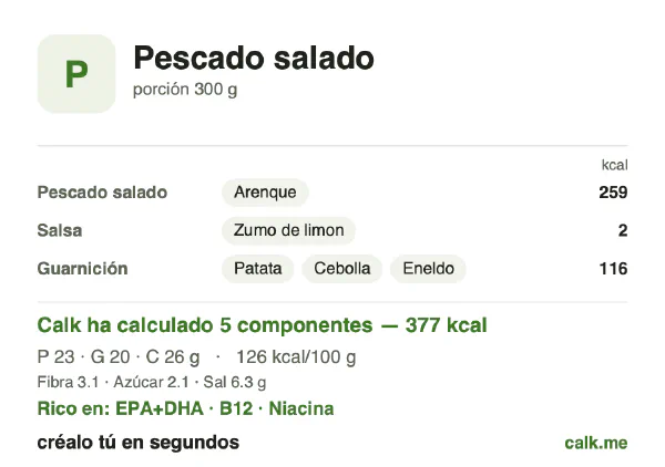 Ficha de Calk, versión menos calórica de Pescado salado: 126 kcal por 100 g, proteínas/grasas/hidratos 25/48/27