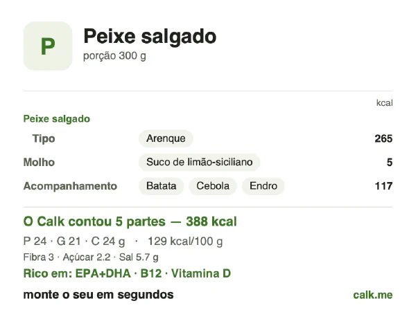Cartão do Calk para a versão menos calórica de Peixe salgado: 129 kcal por 100 g, proteína/gordura/carboidratos 25/49/26