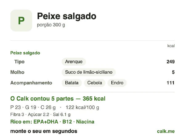 Cartão do Calk para a versão menos calórica de Peixe salgado: 122 kcal por 100 g, proteína/gordura/carboidratos 25/47/28