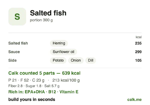 Higher calorie Calk card for Salted fish: 213 kcal per 100 g, protein/fat/carbs 13/72/14