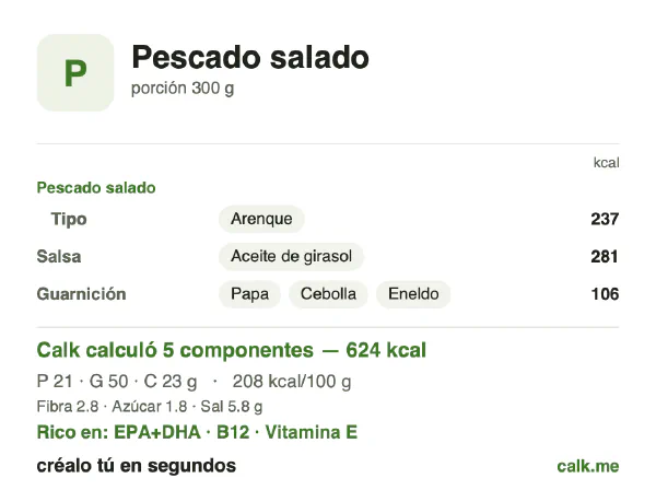 Tarjeta de Calk, versión más calórica de Pescado salado: 208 kcal por 100 g, proteínas/grasas/carbohidratos 14/72/15