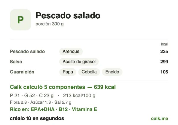 Tarjeta de Calk, versión más calórica de Pescado salado: 213 kcal por 100 g, proteínas/grasas/carbohidratos 13/72/14
