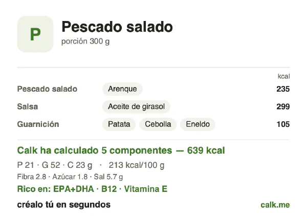 Ficha de Calk, versión más calórica de Pescado salado: 213 kcal por 100 g, proteínas/grasas/hidratos 13/72/14