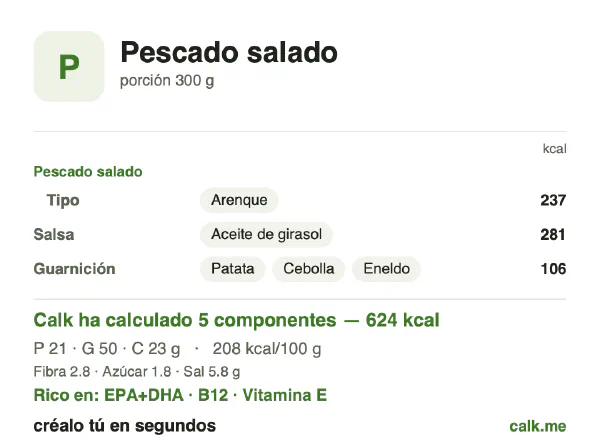 Ficha de Calk, versión más calórica de Pescado salado: 208 kcal por 100 g, proteínas/grasas/hidratos 14/72/15