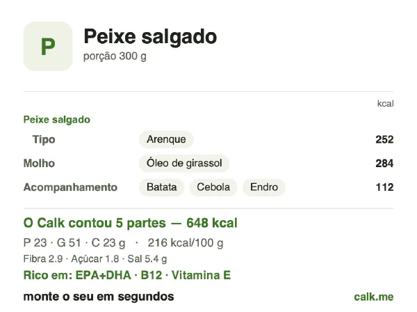 Cartão do Calk para a versão mais calórica de Peixe salgado: 216 kcal por 100 g, proteína/gordura/carboidratos 14/72/14