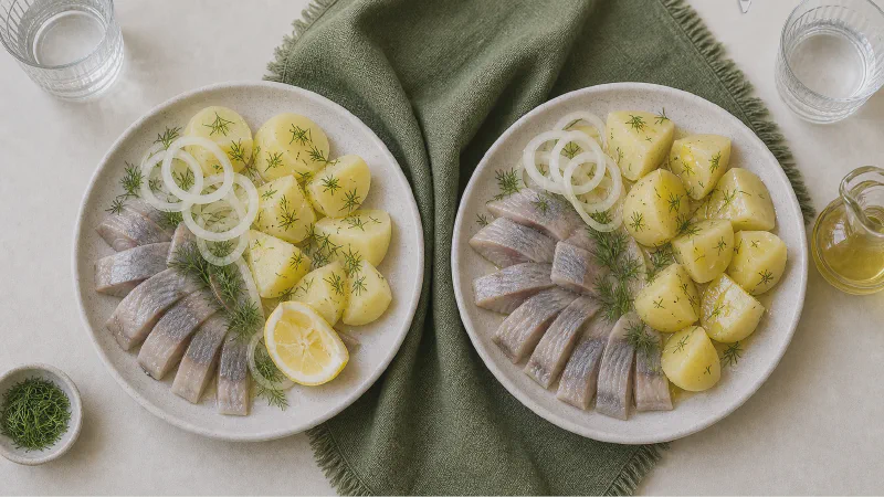 Herring with potatoes: lower- and higher-calorie Calk versions side by side