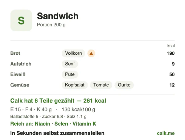 Calk-Karte für die kalorienärmere Variante von Sandwich: 130 kcal pro 100 g, Eiweiß/Fett/Kohlenhydrate 24/13/63