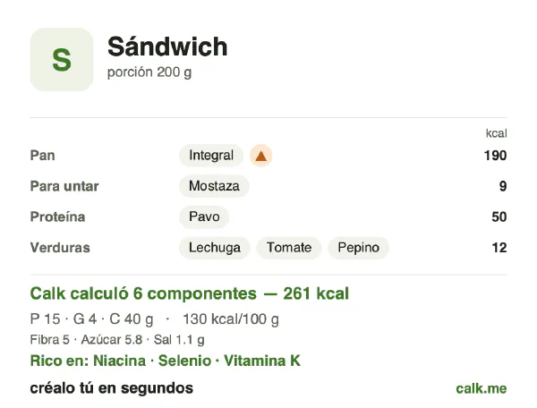 Tarjeta de Calk, versión menos calórica de Sándwich: 130 kcal por 100 g, proteínas/grasas/carbohidratos 24/13/63