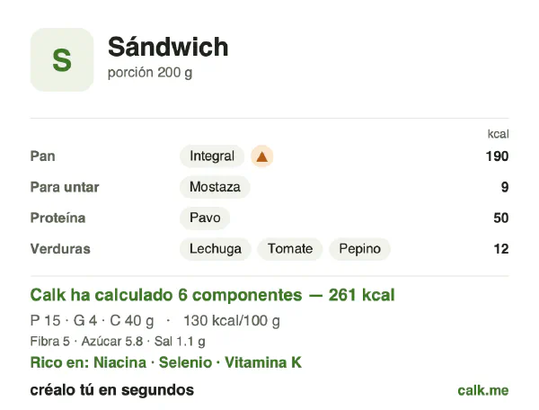 Ficha de Calk, versión menos calórica de Sándwich: 130 kcal por 100 g, proteínas/grasas/hidratos 24/13/63
