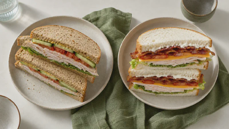Turkey sandwich: lower- and higher-calorie Calk versions side by side