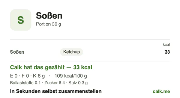 Calk-Karte für die kalorienärmere Variante von Soßen: 109 kcal pro 100 g, Eiweiß/Fett/Kohlenhydrate 4/1/96