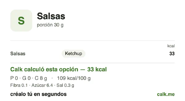 Tarjeta de Calk, versión menos calórica de Salsas: 109 kcal por 100 g, proteínas/grasas/carbohidratos 4/1/96