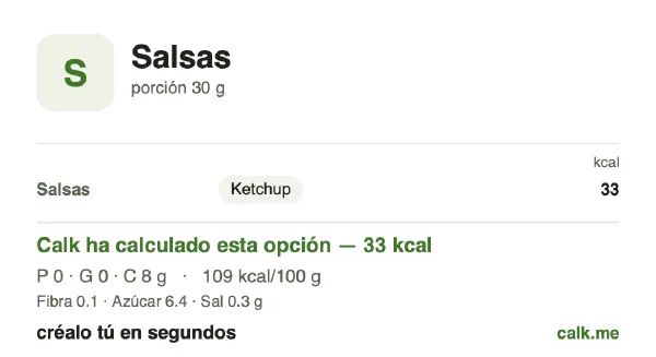 Ficha de Calk, versión menos calórica de Salsas: 109 kcal por 100 g, proteínas/grasas/hidratos 4/1/96