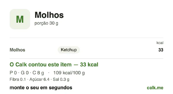 Cartão do Calk para a versão menos calórica de Molhos: 109 kcal por 100 g, proteína/gordura/carboidratos 4/1/96