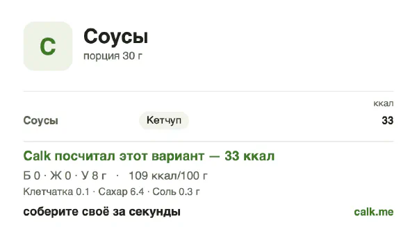 Карточка Calk, менее калорийный вариант Соусы: 109 ккал на 100 г, белки/жиры/углеводы 4/1/96