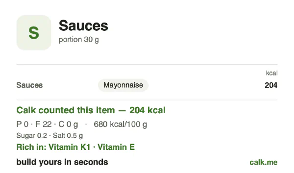 Higher calorie Calk card for Sauces: 680 kcal per 100 g, protein/fat/carbs 1/99/0