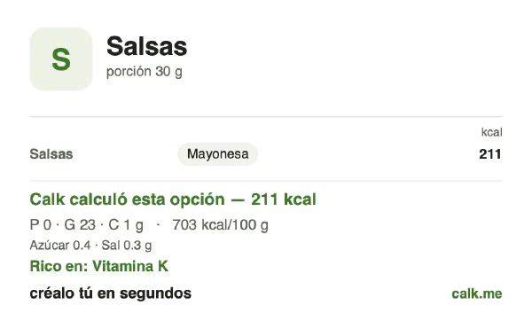 Tarjeta de Calk, versión más calórica de Salsas: 703 kcal por 100 g, proteínas/grasas/carbohidratos 1/98/1