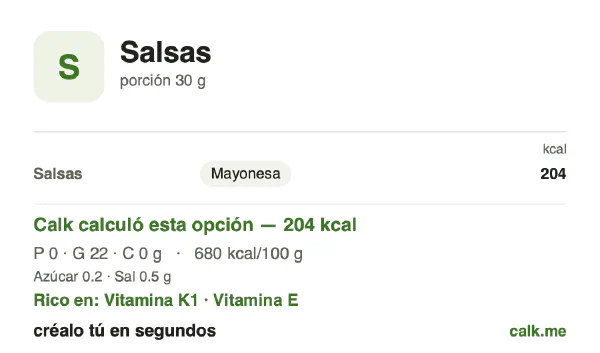 Tarjeta de Calk, versión más calórica de Salsas: 680 kcal por 100 g, proteínas/grasas/carbohidratos 1/99/0