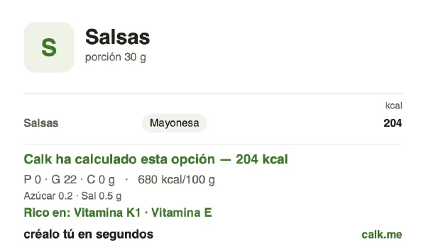 Ficha de Calk, versión más calórica de Salsas: 680 kcal por 100 g, proteínas/grasas/hidratos 1/99/0