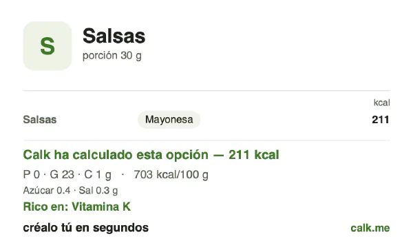 Ficha de Calk, versión más calórica de Salsas: 703 kcal por 100 g, proteínas/grasas/hidratos 1/98/1