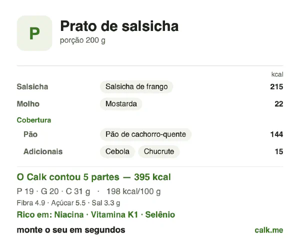 Cartão do Calk para a versão menos calórica de Prato de salsicha: 198 kcal por 100 g, proteína/gordura/carboidratos 20/47/33