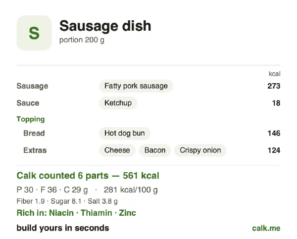 Higher calorie Calk card for Sausage dish: 281 kcal per 100 g, protein/fat/carbs 22/58/21